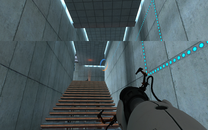 Screen tearing in Valve’s “Portal” video game – there is a distinct horizontal line, making this image look misaligned and broken. (Image Source: GitHub.com)