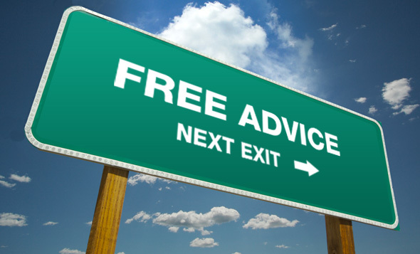 Freeway sign with the text "Free Advice Next Exit"